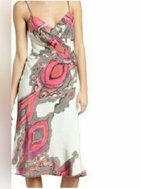 NWT Trina Turk White Midi Slip Dress with Pink & Gray Abstract Print